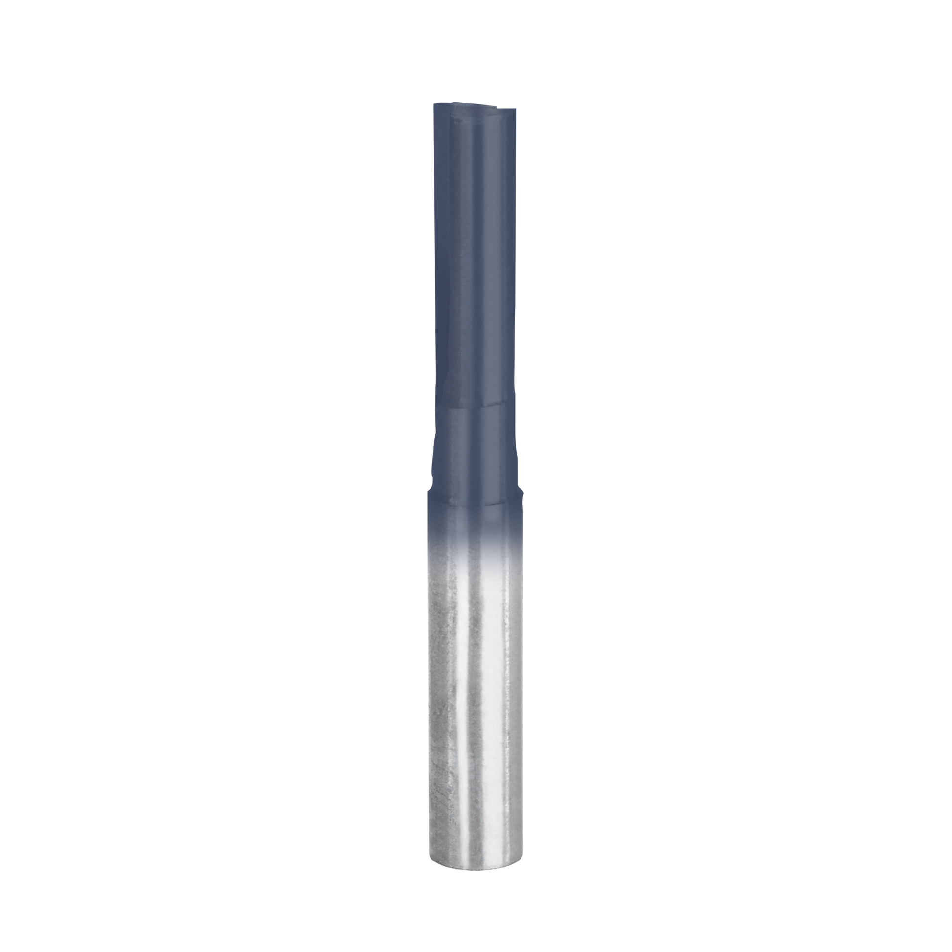 Straight router bit with two flutes, silver cutting edge and dark gray shank.