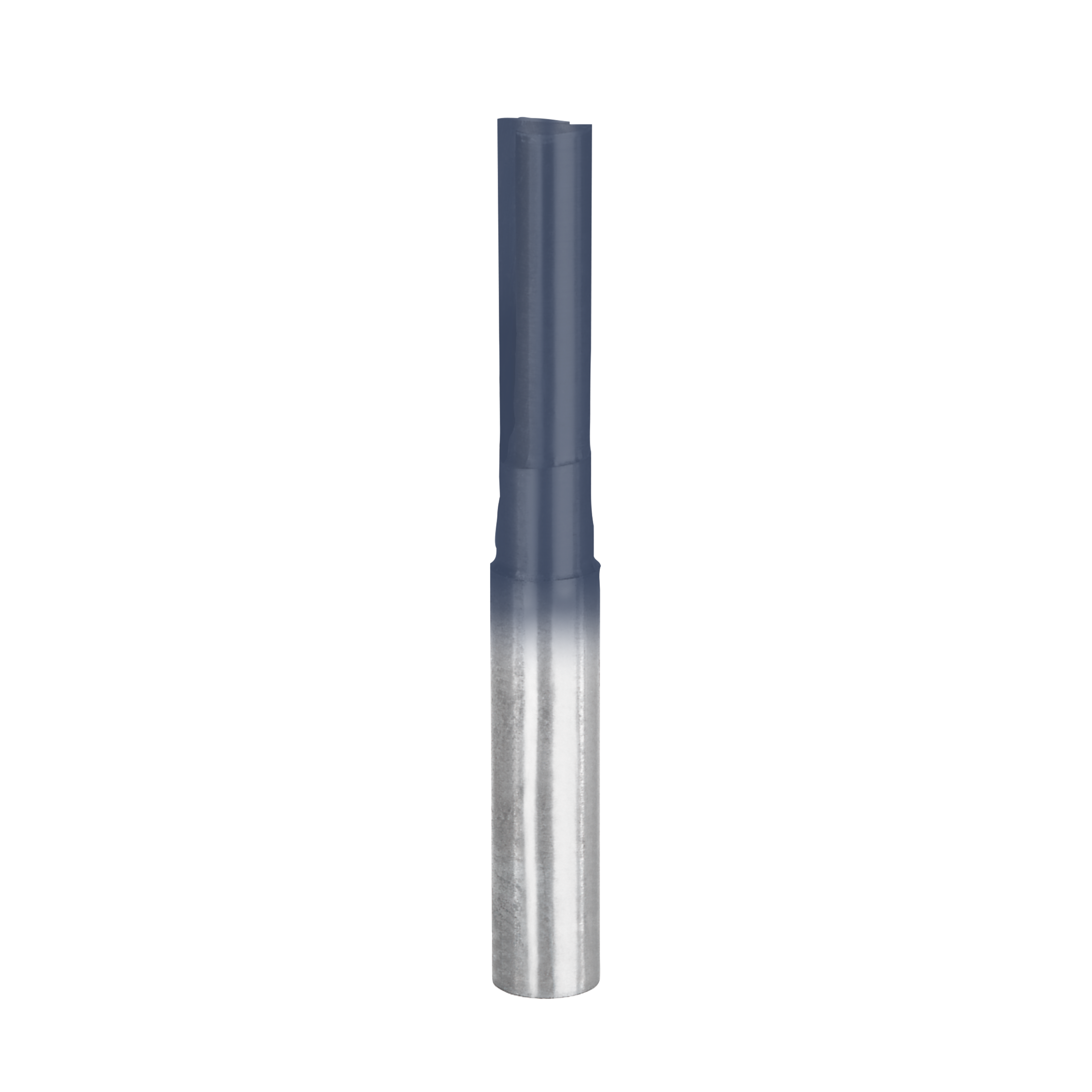 Straight router bit with two flutes, silver cutting edge and dark gray shank.