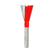 Silver and red dovetail router bit with angled cutting edges and cylindrical shank.