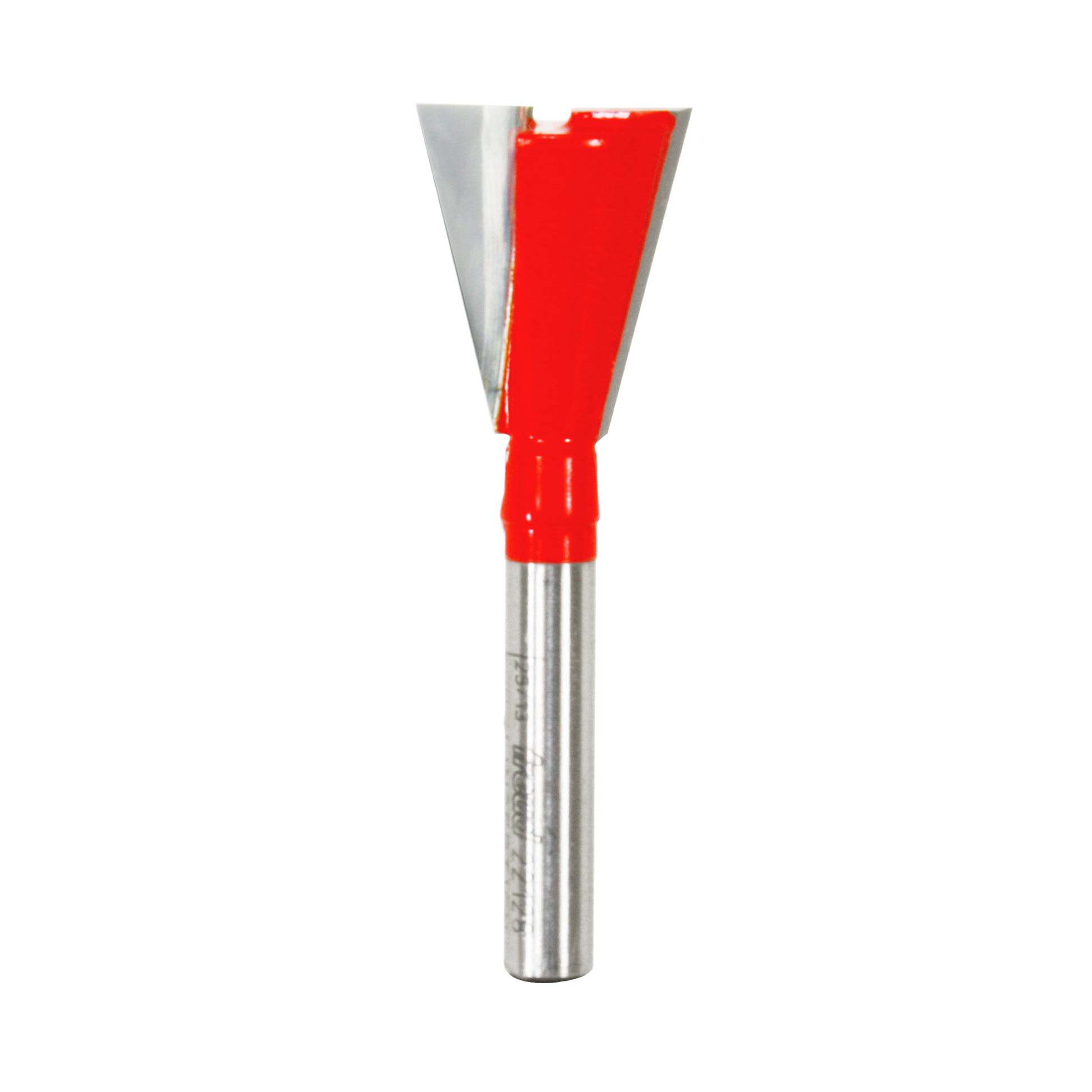 Silver and red dovetail router bit with angled cutting edges and cylindrical shank.