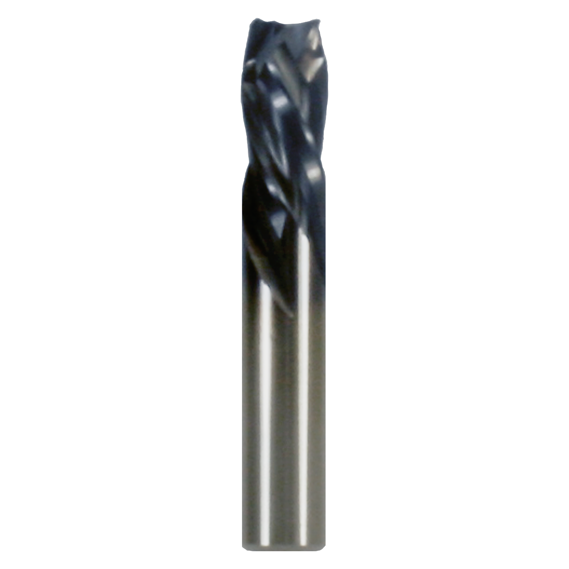 Black and silver four-flute mortise compression drill bit with twisted flutes and cylindrical shank.