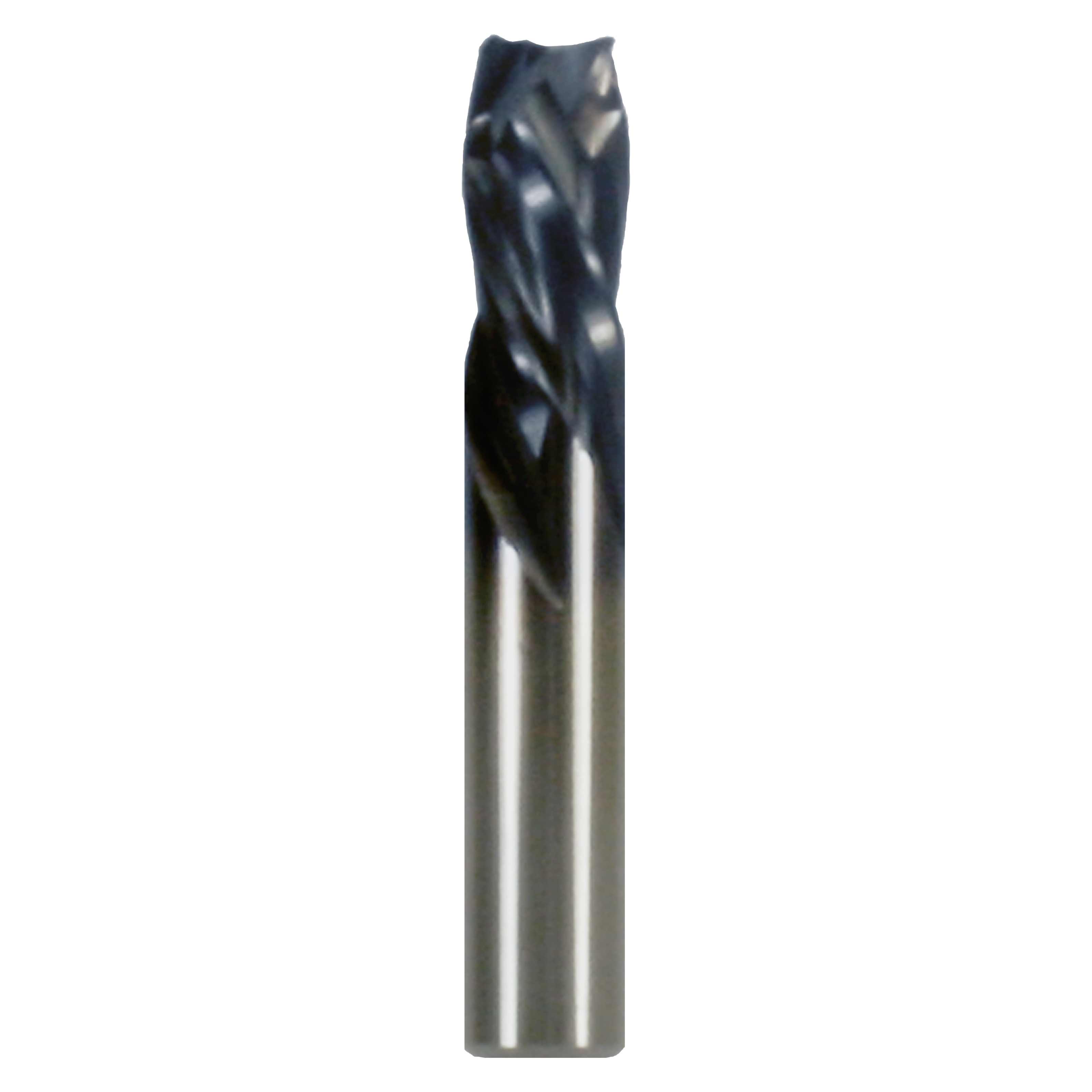 Black and silver four-flute mortise compression drill bit with twisted flutes and cylindrical shank.