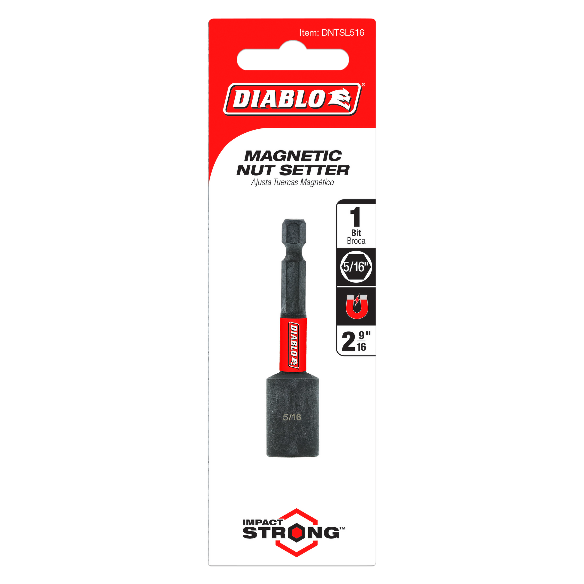 Diablo magnetic nut setter with 5/16 inch socket and red band on black shaft, packaged in red and white card.
