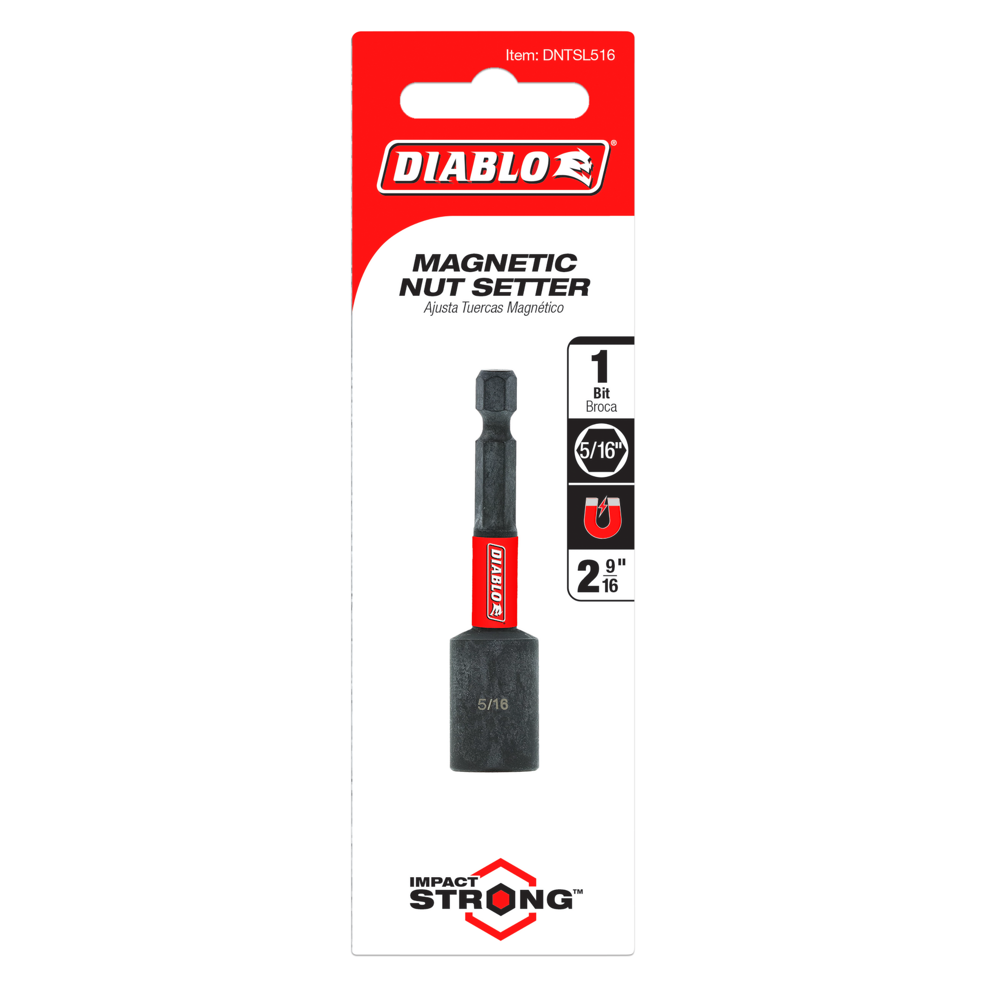 Diablo magnetic nut setter with 5/16 inch socket and red band on black shaft, packaged in red and white card.