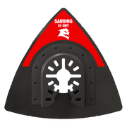 Triangular black sanding plate with red top surface labeled "20 GRIT" and central white star-shaped attachment pattern.