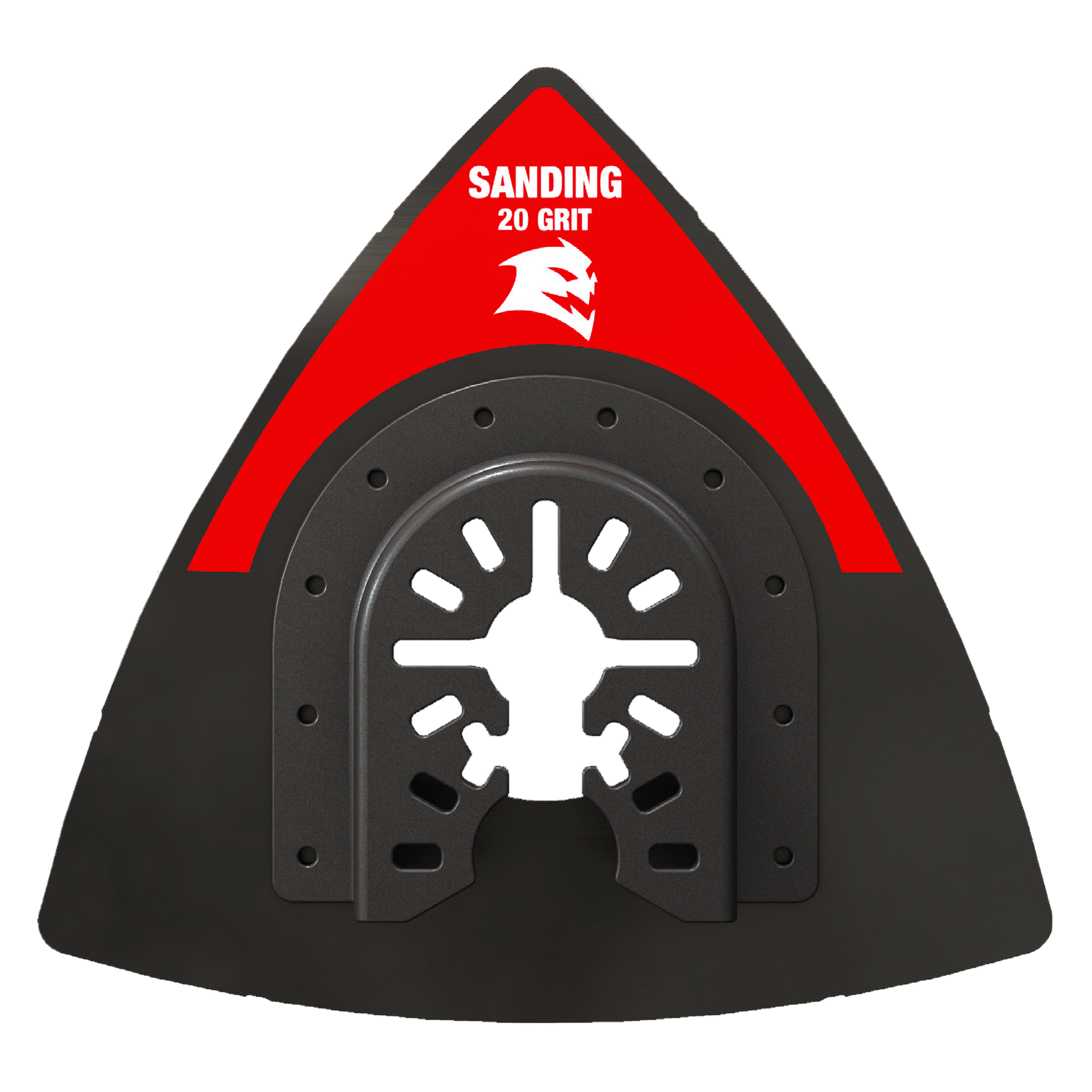 Triangular black sanding plate with red top surface labeled "20 GRIT" and central white star-shaped attachment pattern.