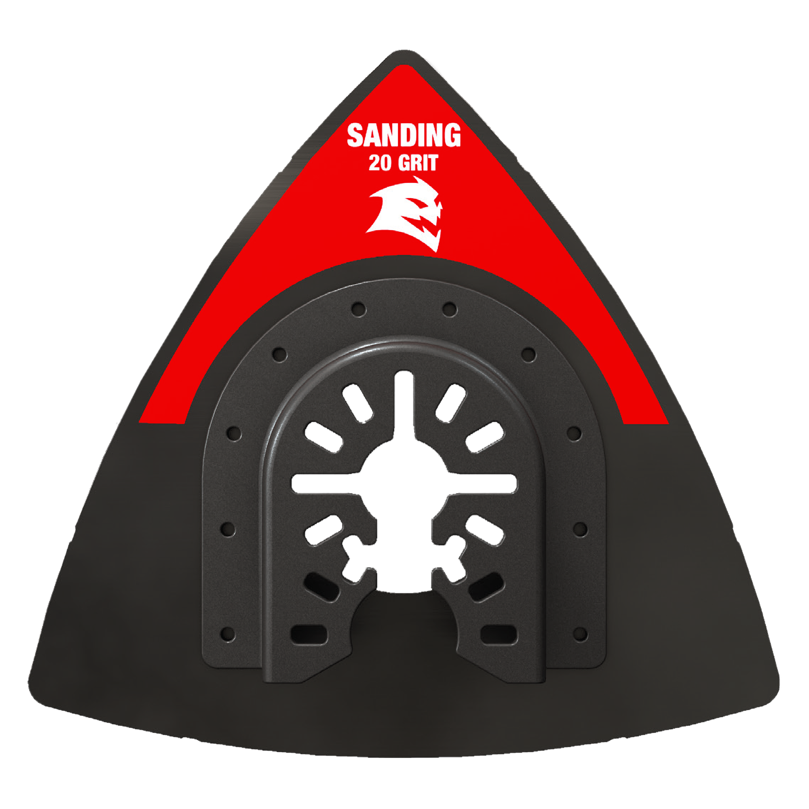 Triangular black sanding plate with red top surface labeled "20 GRIT" and central white star-shaped attachment pattern.