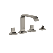 Polished nickel two-handle roman tub filler with arched spout and detachable handshower on square bases.