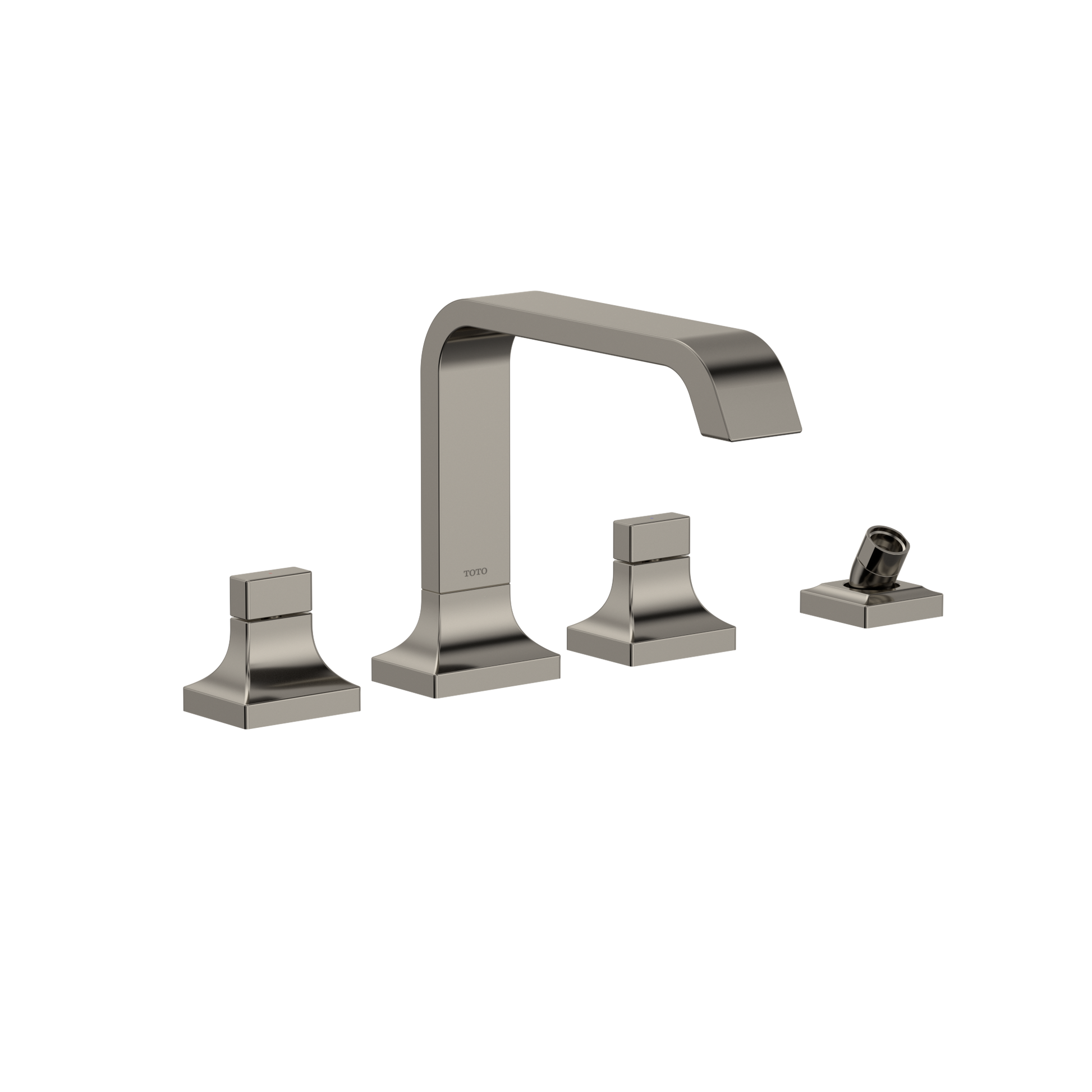 Polished nickel two-handle roman tub filler with arched spout and detachable handshower on square bases.