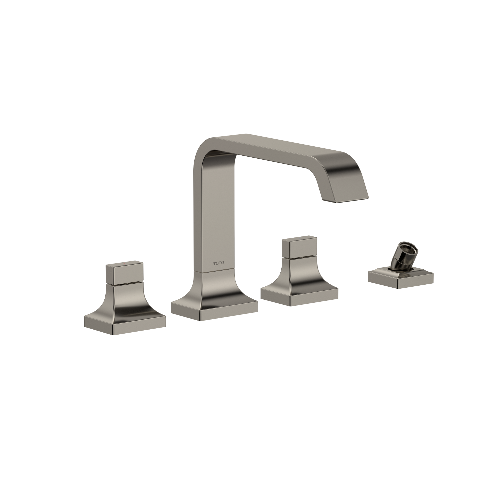 Polished nickel two-handle roman tub filler with arched spout and detachable handshower on square bases.