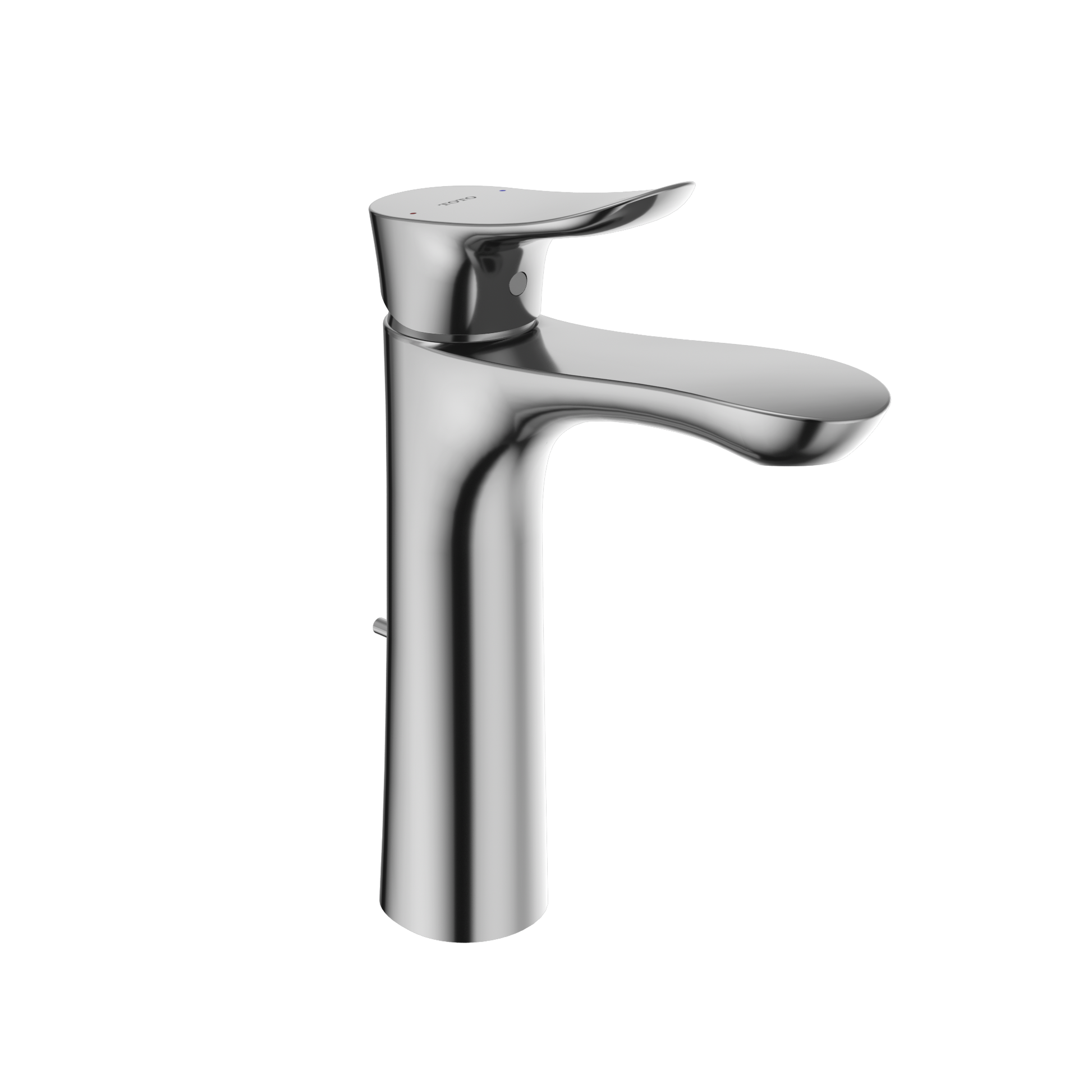 Polished chrome single-handle bathroom sink faucet with curved spout and black lever handle.