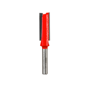 Red and silver double flute straight router bit with 1/2 inch diameter cutting head and metal shank.