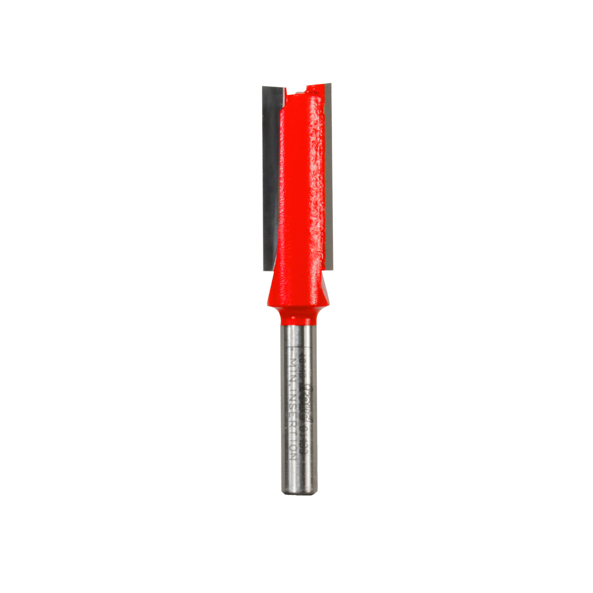 Red and silver double flute straight router bit with 1/2 inch diameter cutting head and metal shank.