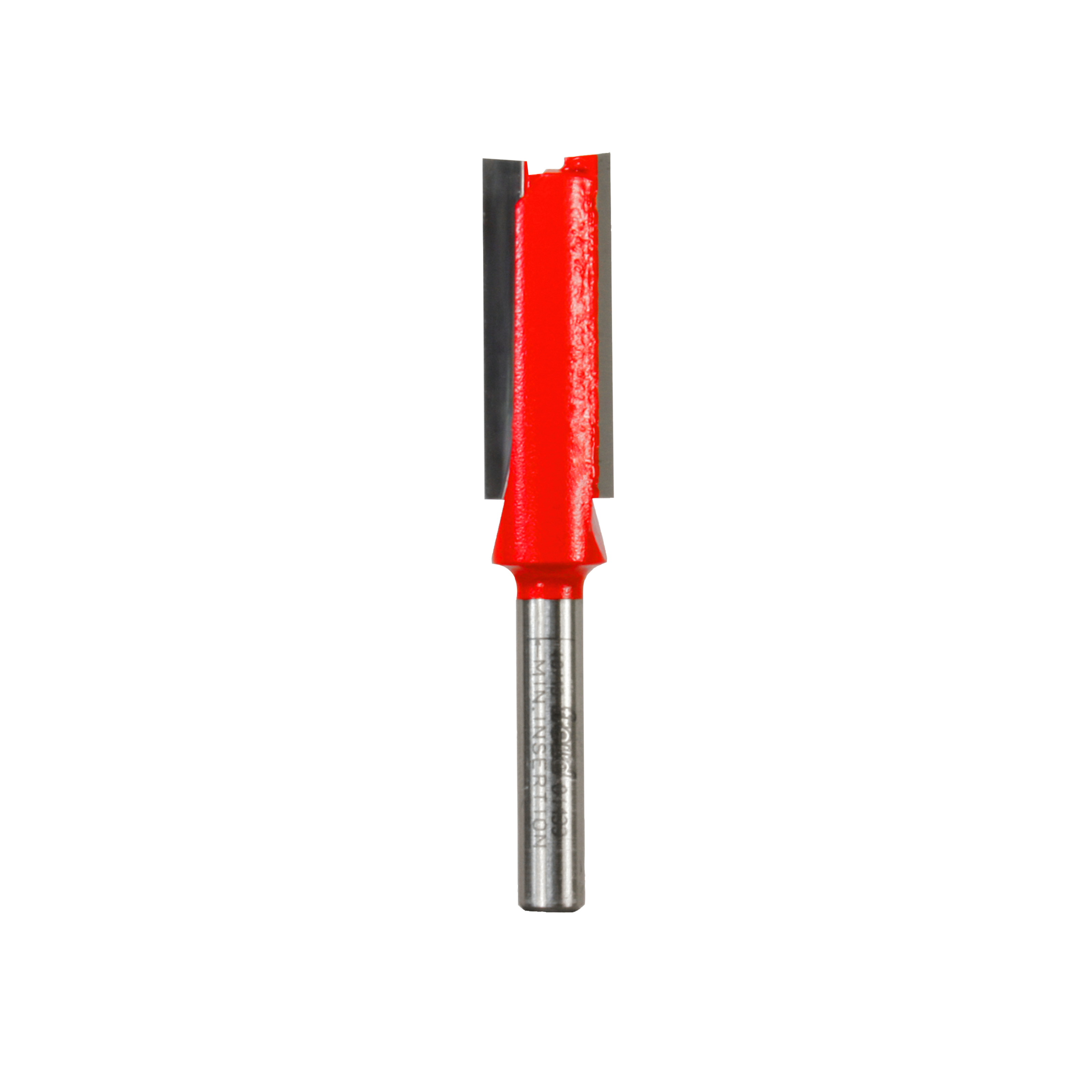 Red and silver double flute straight router bit with 1/2 inch diameter cutting head and metal shank.