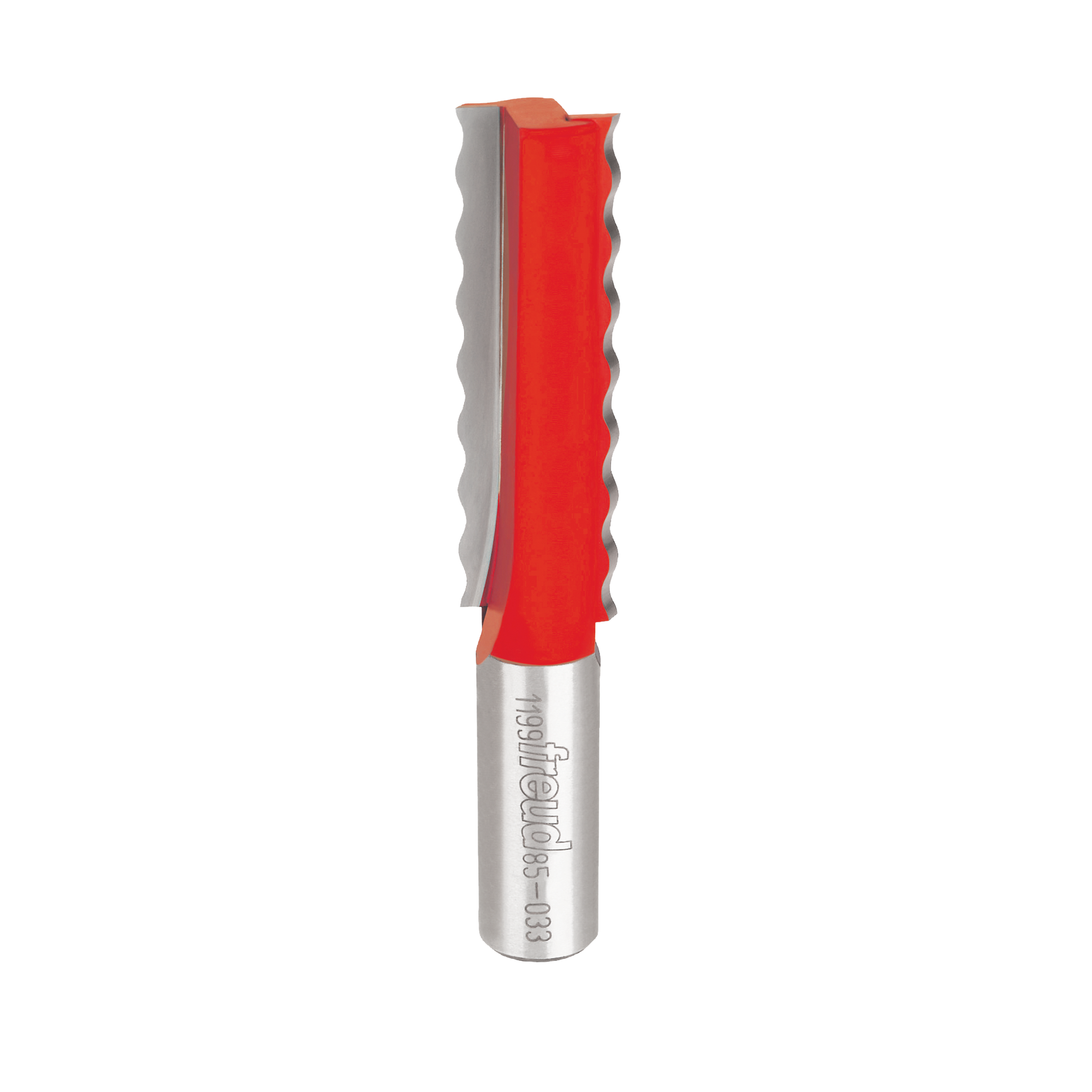 Freud wavy joint router bit with red cutting head and silver shank showing wavy edge pattern.
