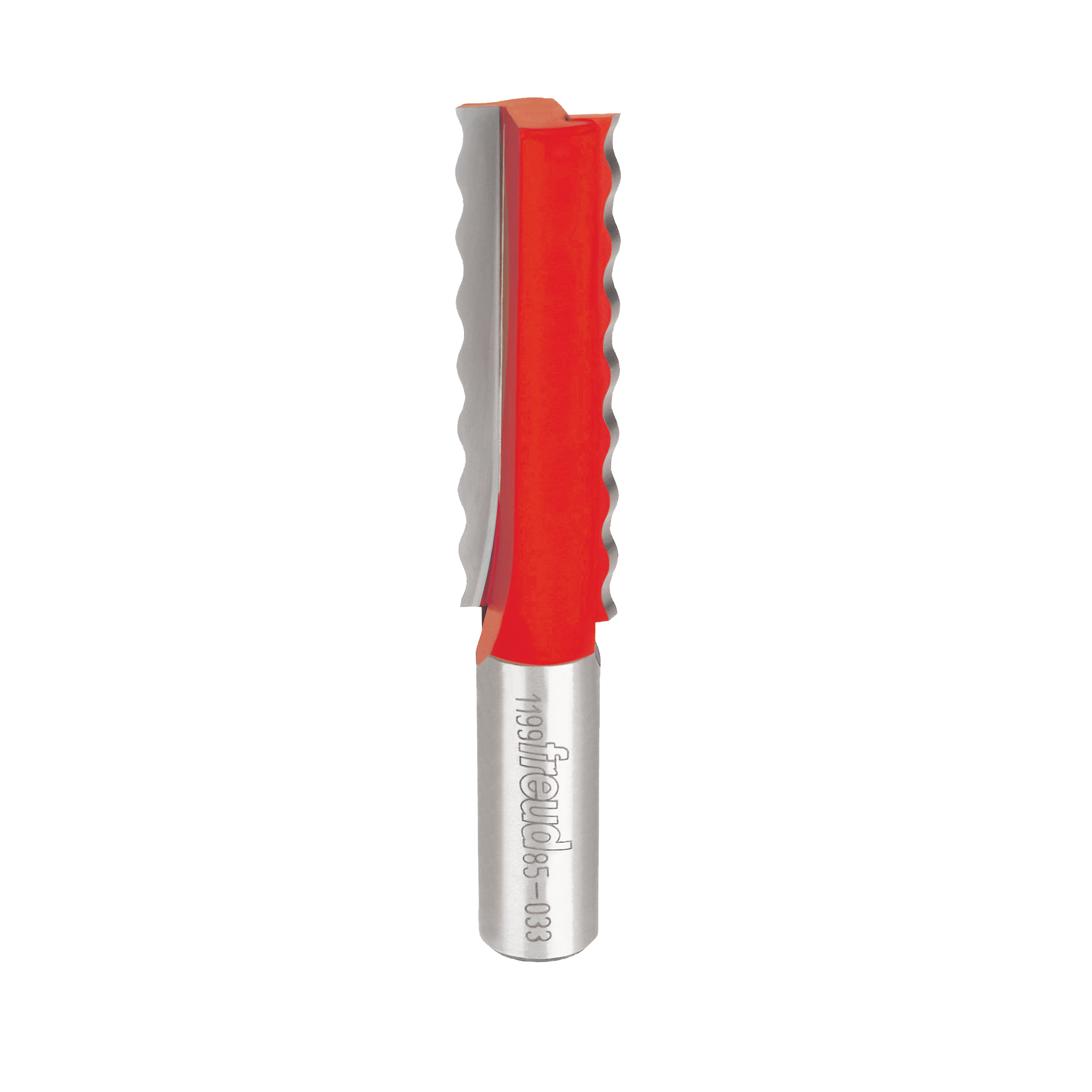 Freud wavy joint router bit with red cutting head and silver shank showing wavy edge pattern.