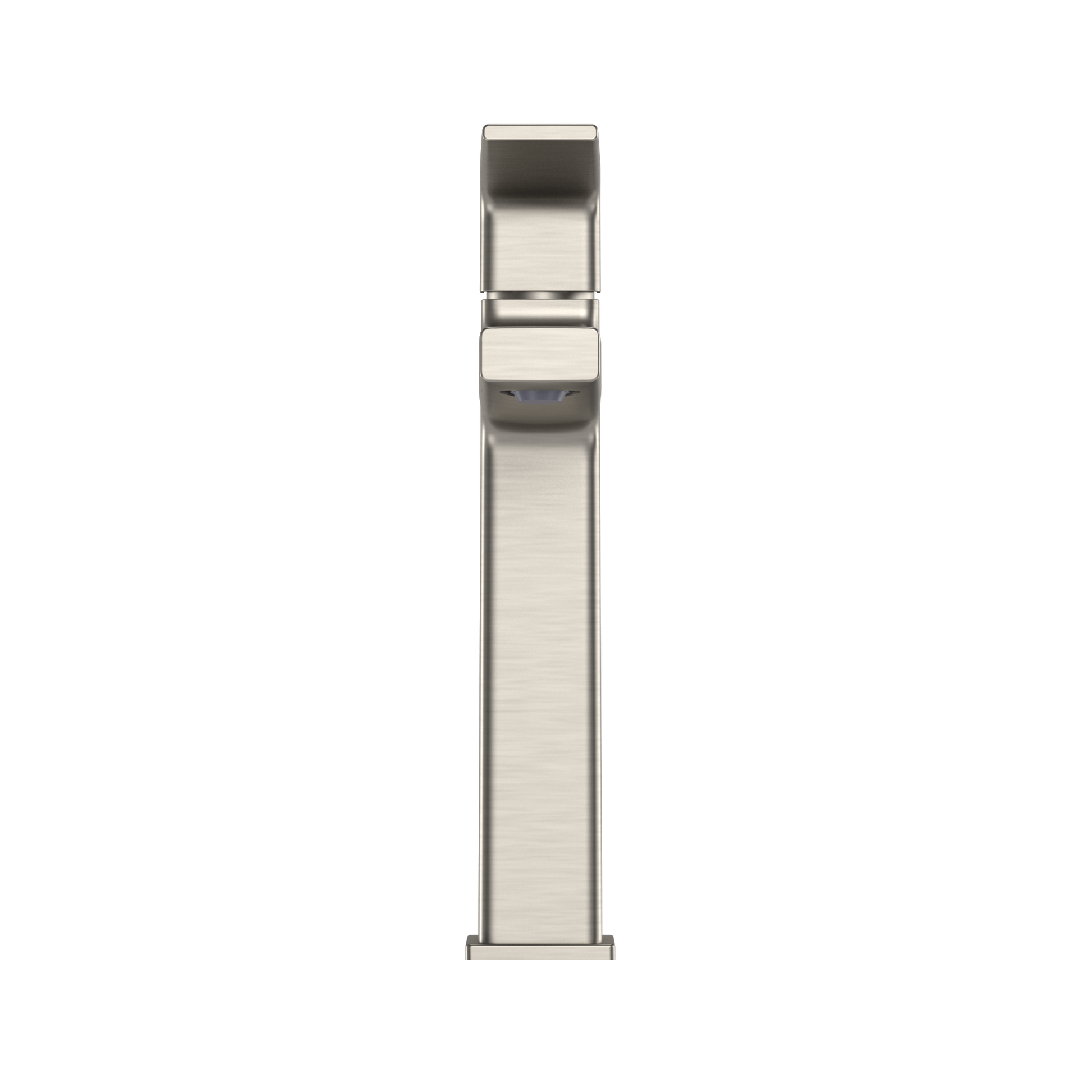 Brushed nickel single-handle semi-vessel bathroom sink faucet with tall rectangular spout and control lever.