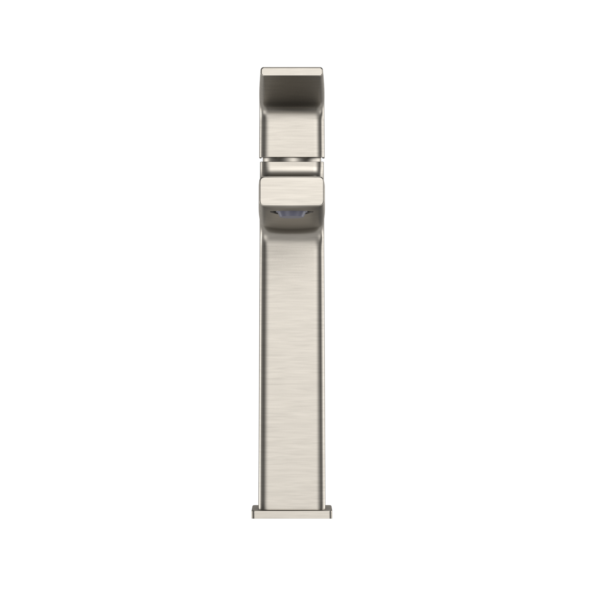 Brushed nickel single-handle semi-vessel bathroom sink faucet with tall rectangular spout and control lever.
