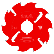 Red circular saw blade with silver carbide teeth and white center arbor hole, labeled Freud LCL7M10056.