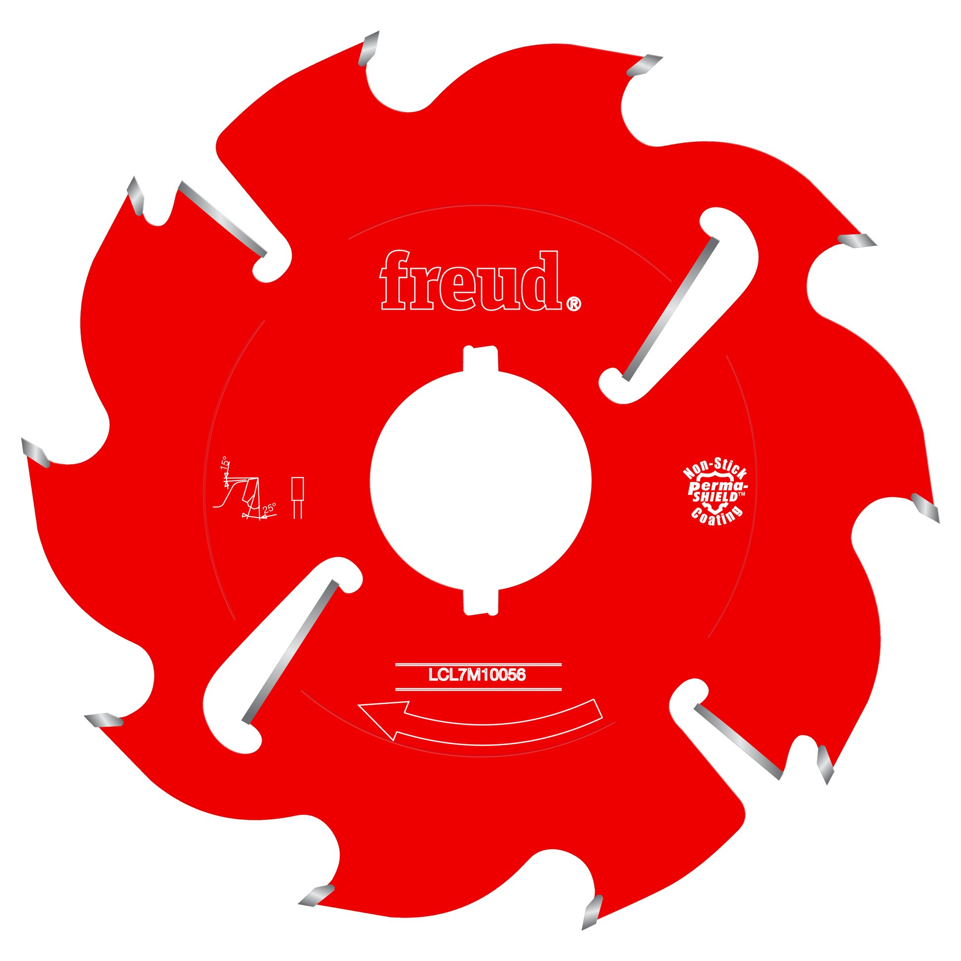 Red circular saw blade with silver carbide teeth and white center arbor hole, labeled Freud LCL7M10056.