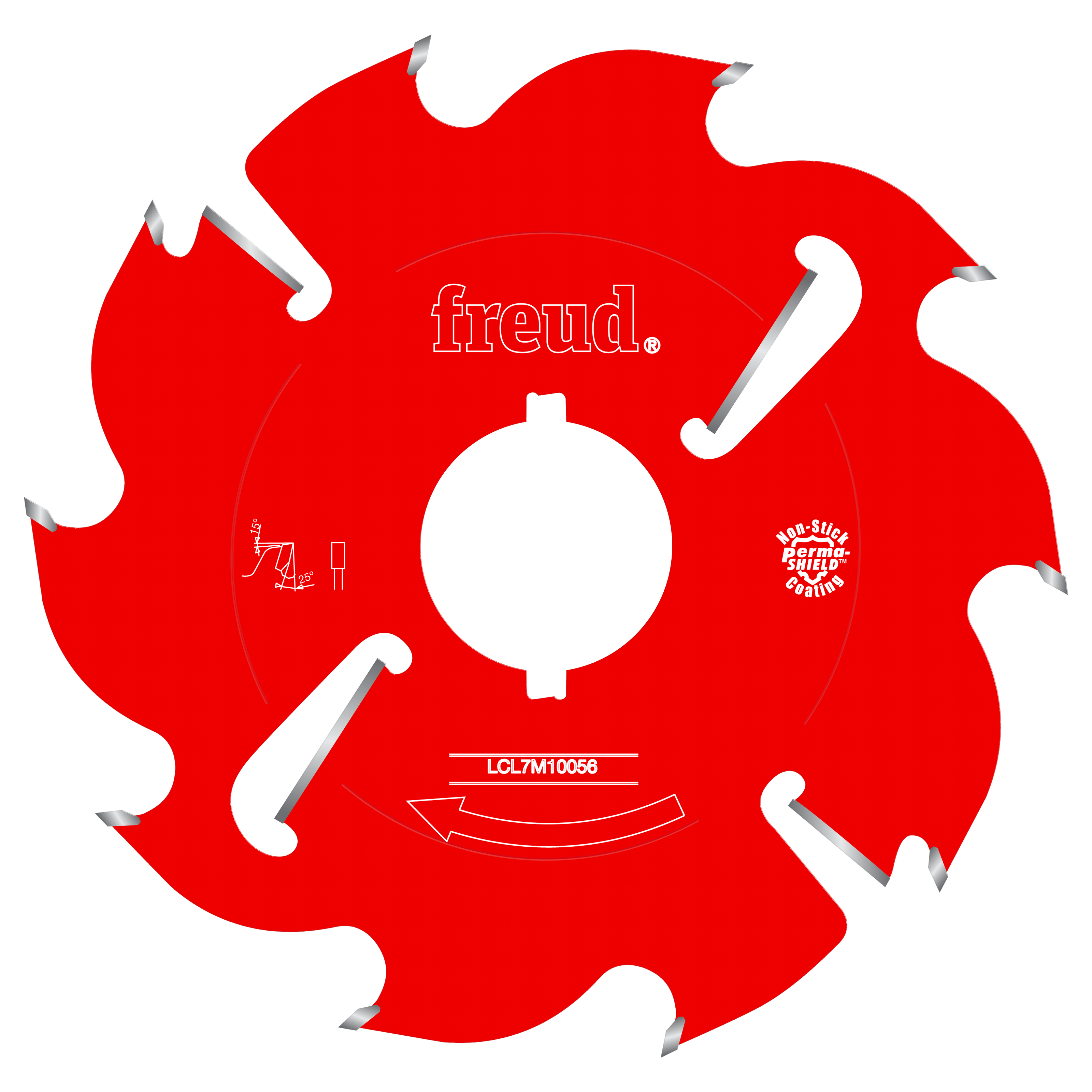 Red circular saw blade with silver carbide teeth and white center arbor hole, labeled Freud LCL7M10056.