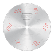 Freud 420mm circular saw blade with fine teeth and red mechanical clamping system markings on silver aluminum body.