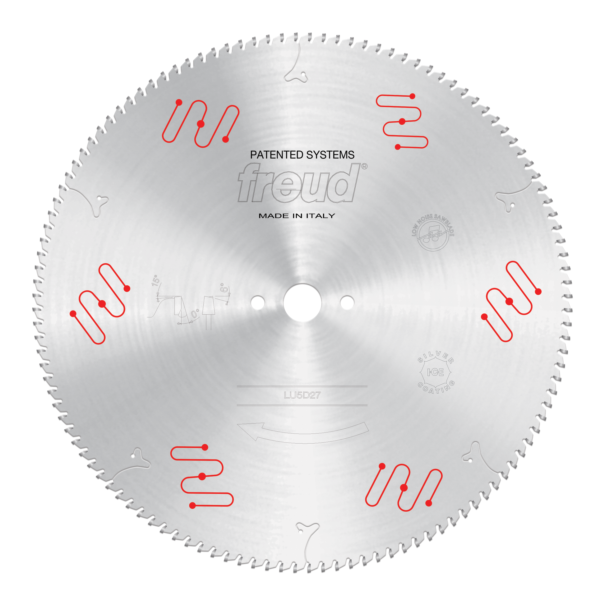 Freud 420mm circular saw blade with fine teeth and red mechanical clamping system markings on silver aluminum body.