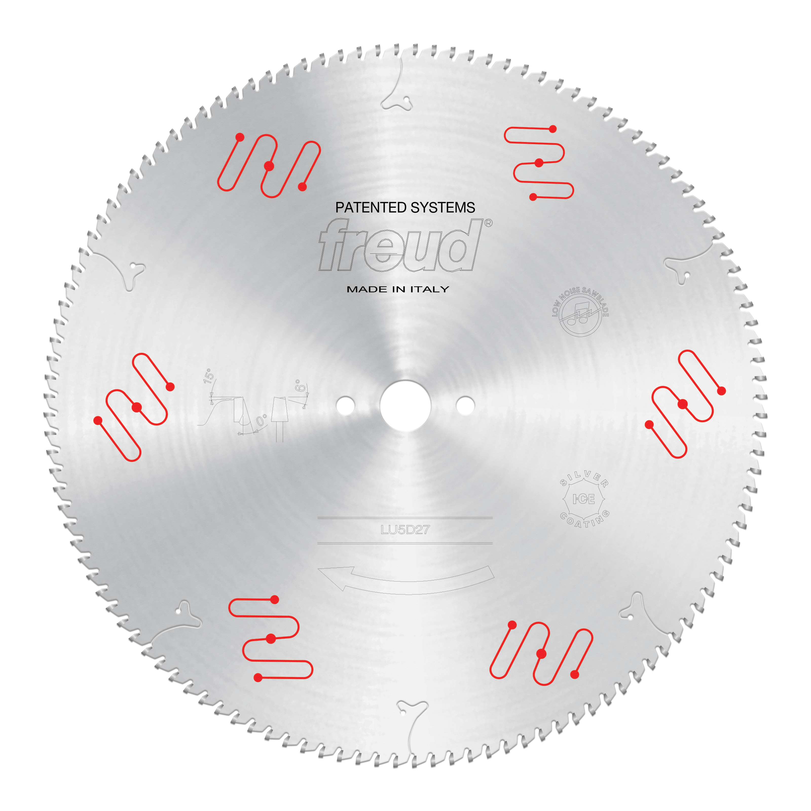 Freud 420mm circular saw blade with fine teeth and red mechanical clamping system markings on silver aluminum body.