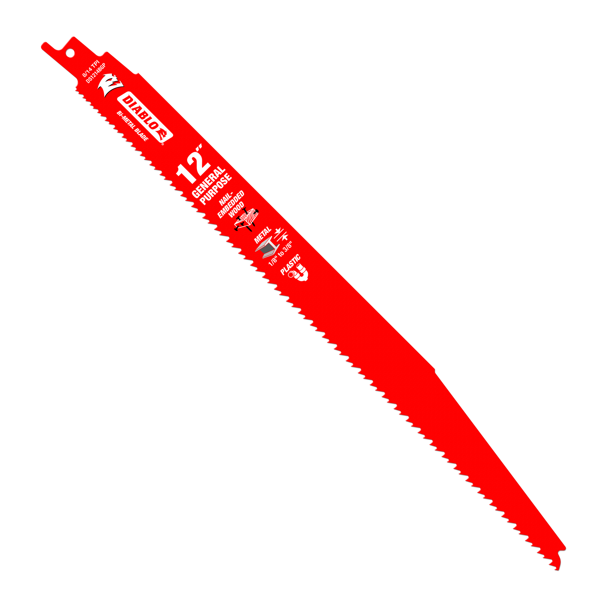 Red bi-metal reciprocating saw blade with serrated edge and mounting tang at top.