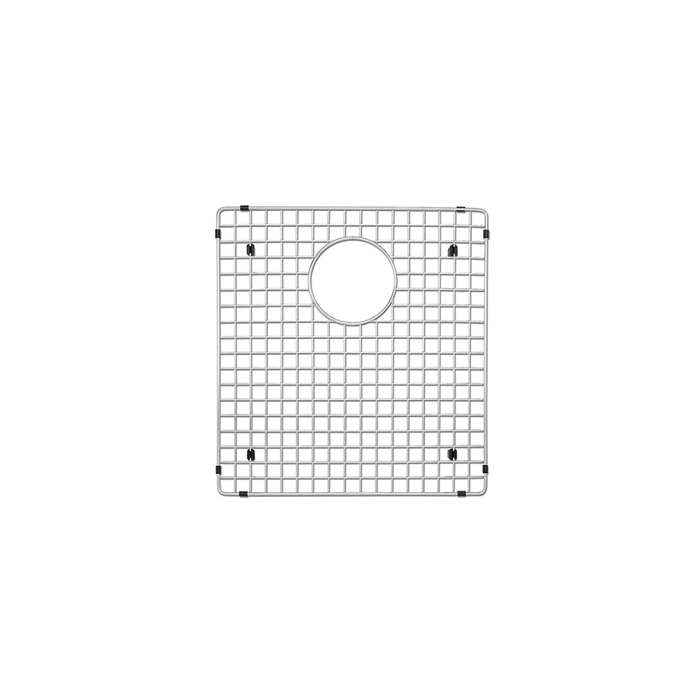 Stainless steel sink grid with square mesh pattern and circular drain opening, featuring corner and side mounting brackets.