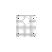 Stainless steel sink grid with square mesh pattern and circular drain opening, featuring corner and side mounting brackets.