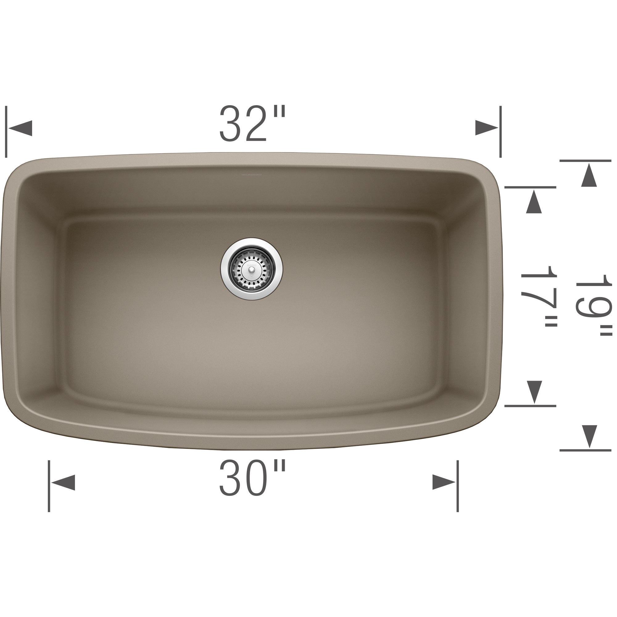 Truffel undermount sink with single basin, 32" width and 19" depth, includes drain fixture.