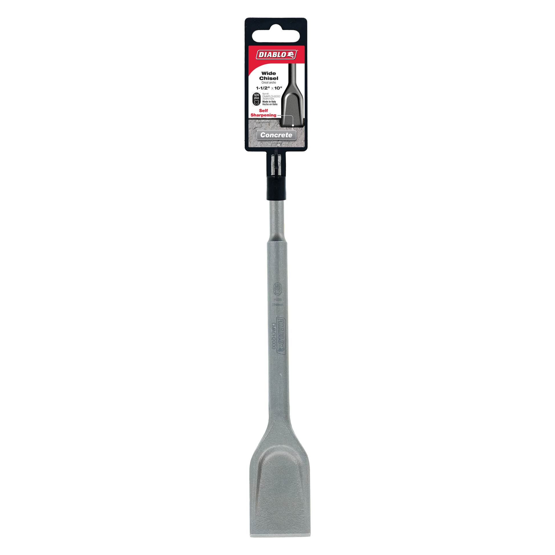 Diablo wide chisel with gray metal blade, black SDS-Plus shank, and red Diablo branded packaging label.