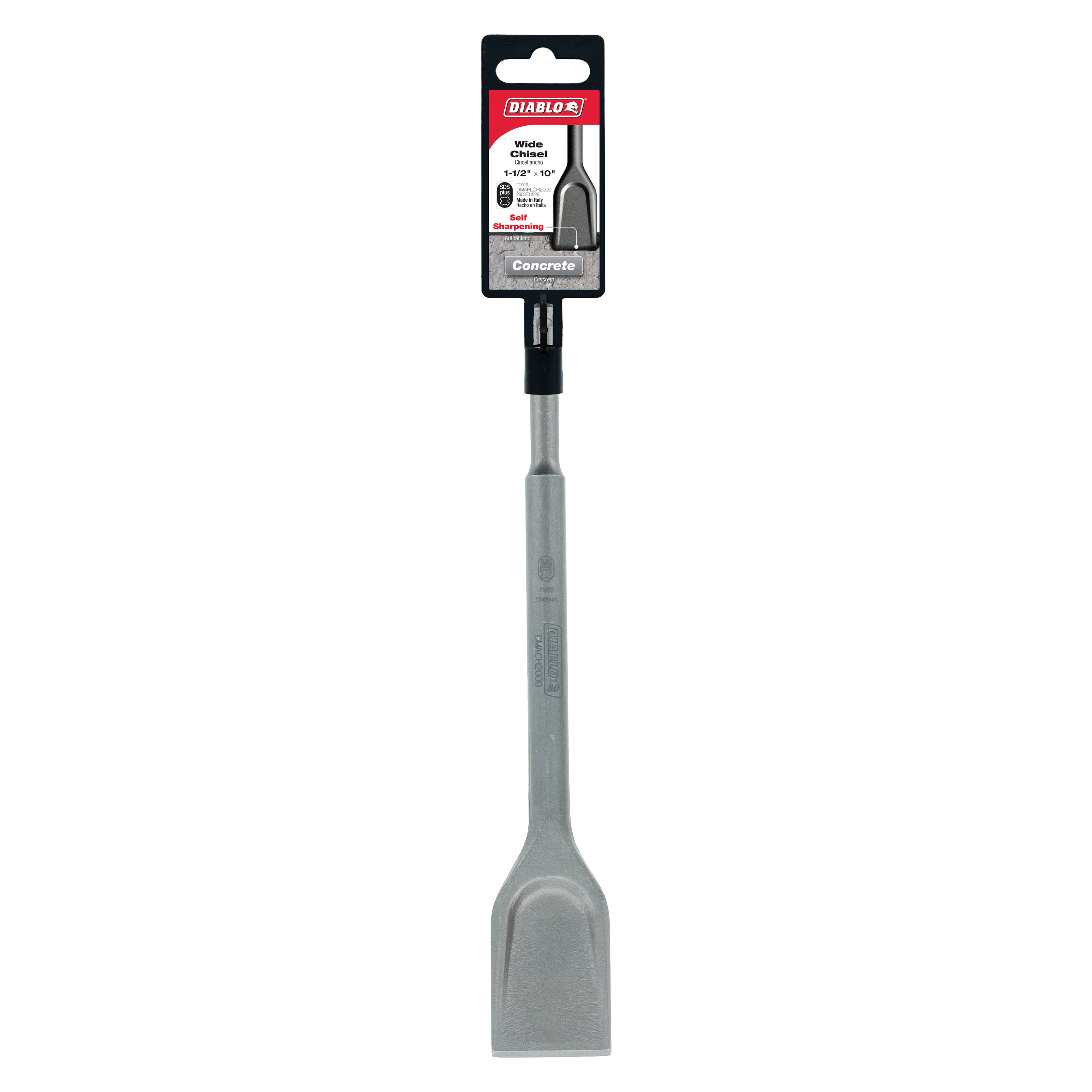 Diablo wide chisel with gray metal blade, black SDS-Plus shank, and red Diablo branded packaging label.