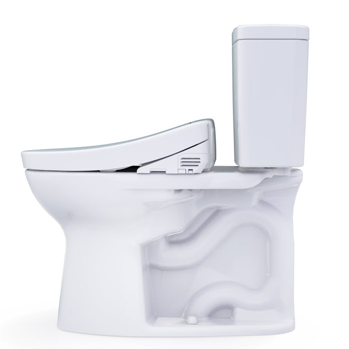 White elongated two-piece toilet with integrated bidet seat and white tank.