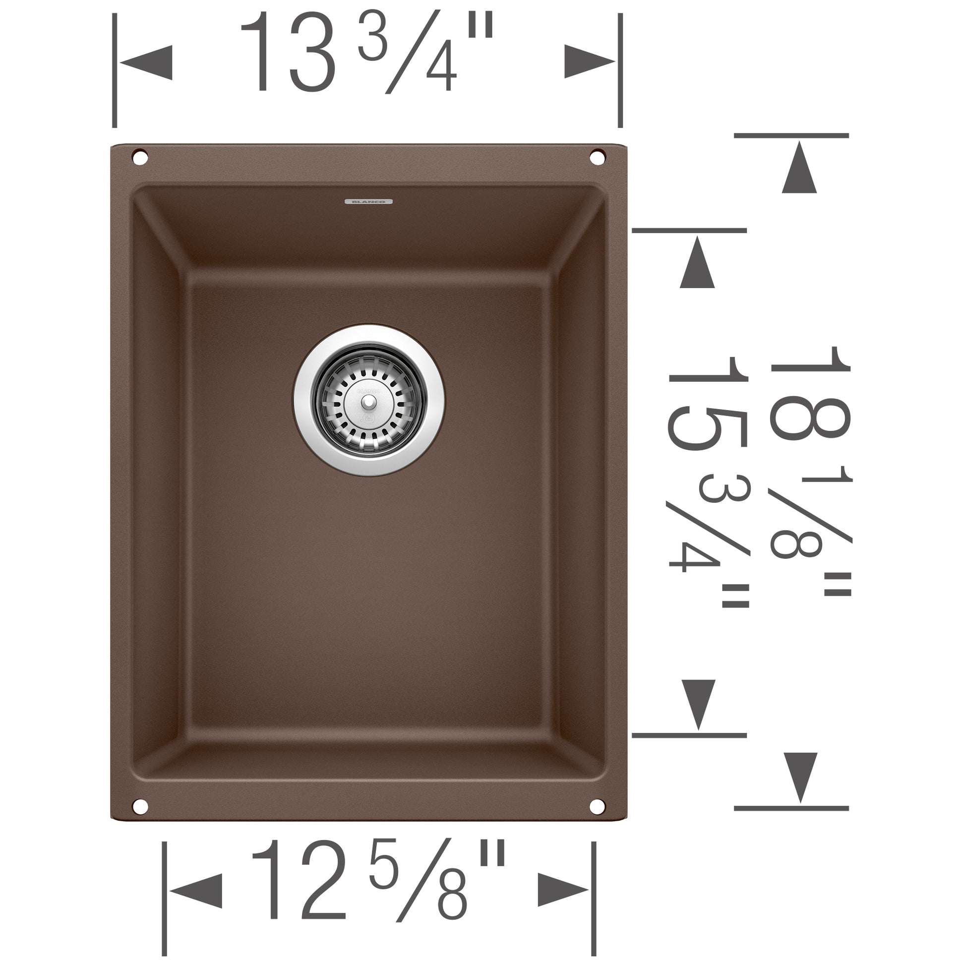 Cafe brown undermount kitchen sink with single bowl and strainer, 13¾" wide by 12⅝" deep.