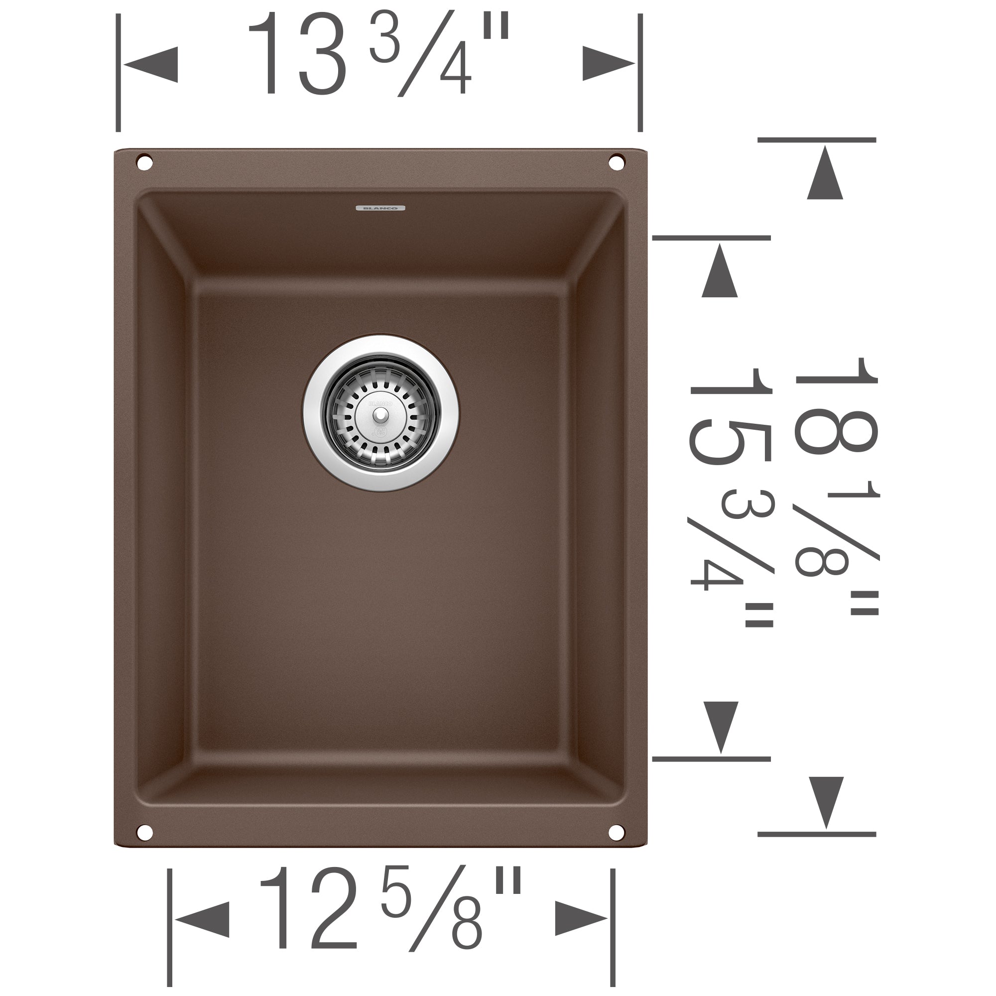 Cafe brown undermount kitchen sink with single bowl and strainer, 13¾" wide by 12⅝" deep.