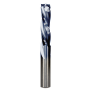 Three flute mortise compression bit with dark cutting edges and silver steel shaft, 1/2" diameter.