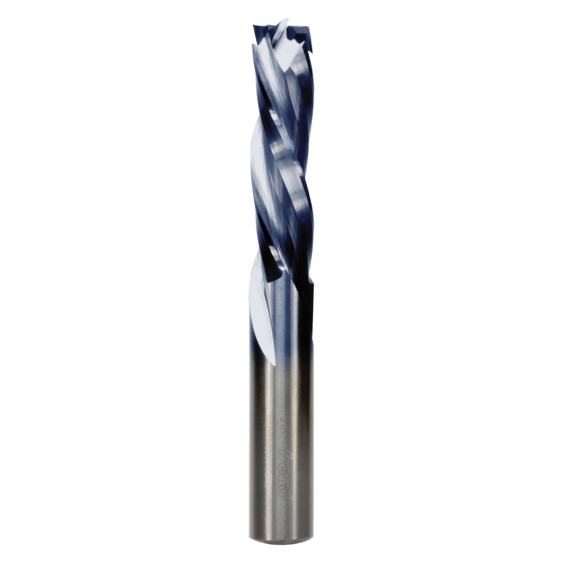 Three flute mortise compression bit with dark cutting edges and silver steel shaft, 1/2" diameter.