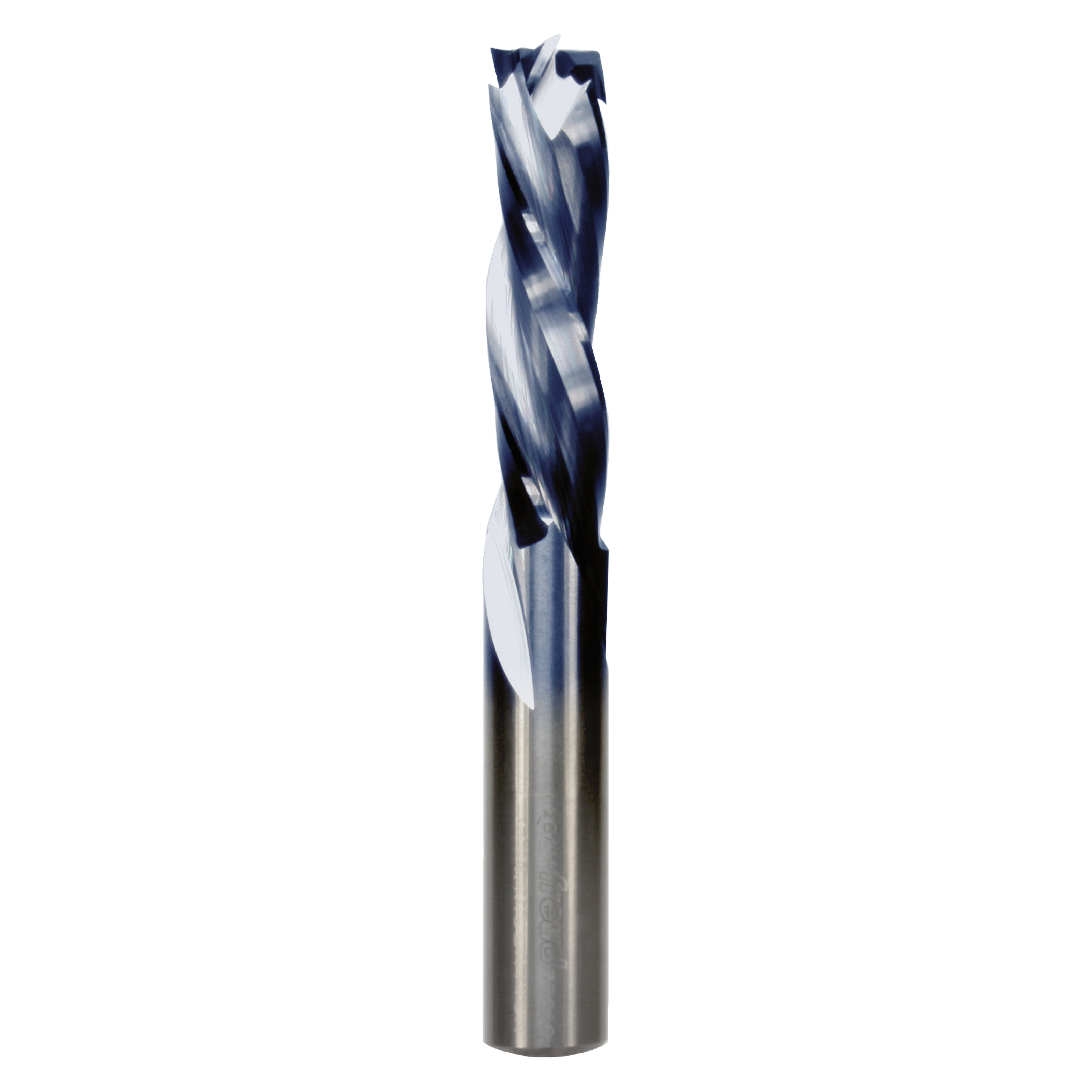 Three flute mortise compression bit with dark cutting edges and silver steel shaft, 1/2" diameter.