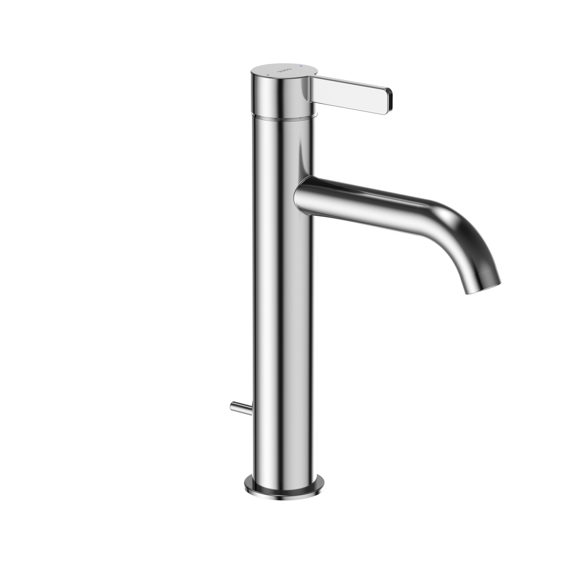 Polished chrome single-handle bathroom sink faucet with tall cylindrical body and curved spout.