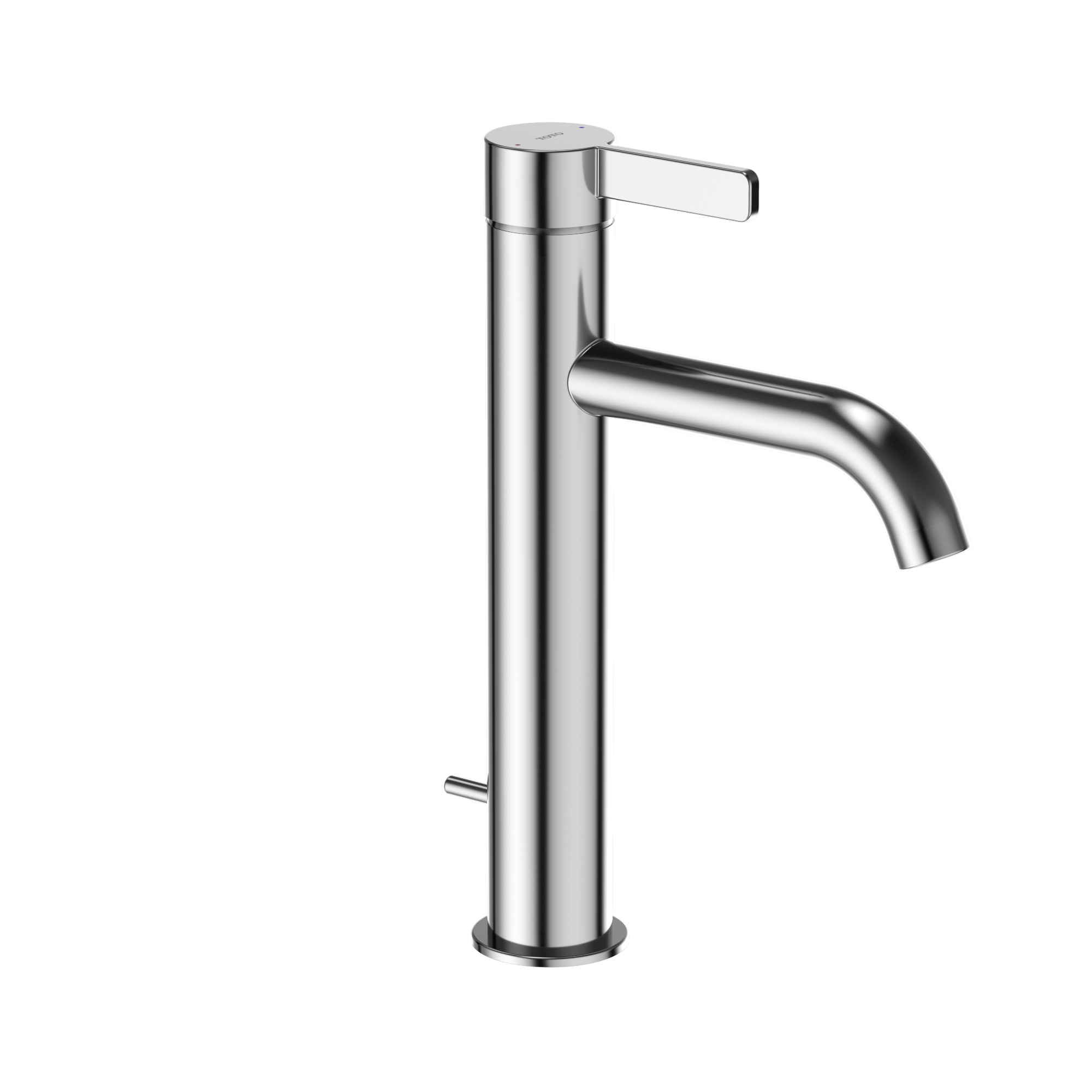 Polished chrome single-handle bathroom sink faucet with tall cylindrical body and curved spout.