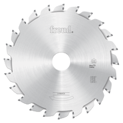 Freud 120mm circular saw blade with split scoring teeth and silver coating for woodworking cuts.
