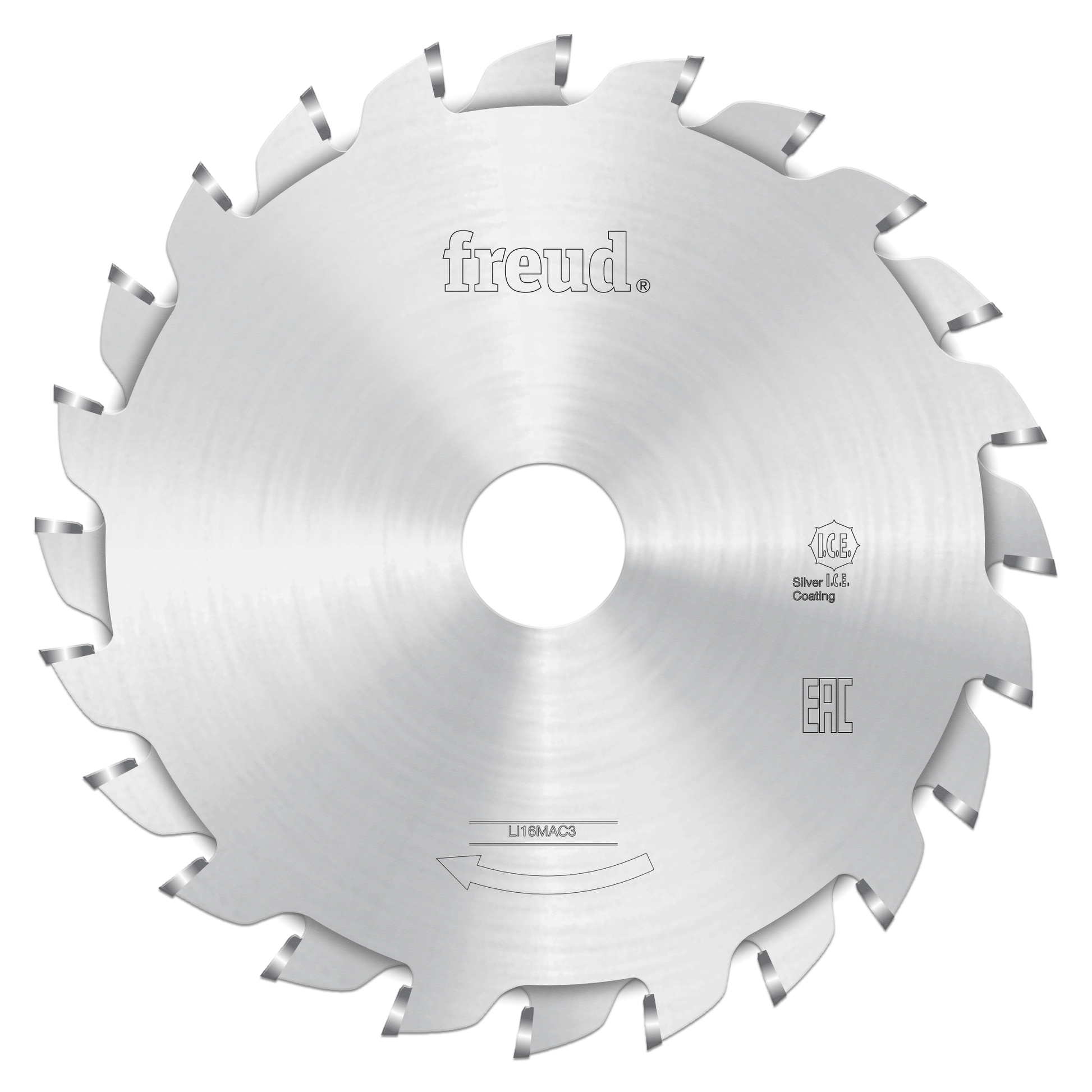 Freud 120mm circular saw blade with split scoring teeth and silver coating for woodworking cuts.