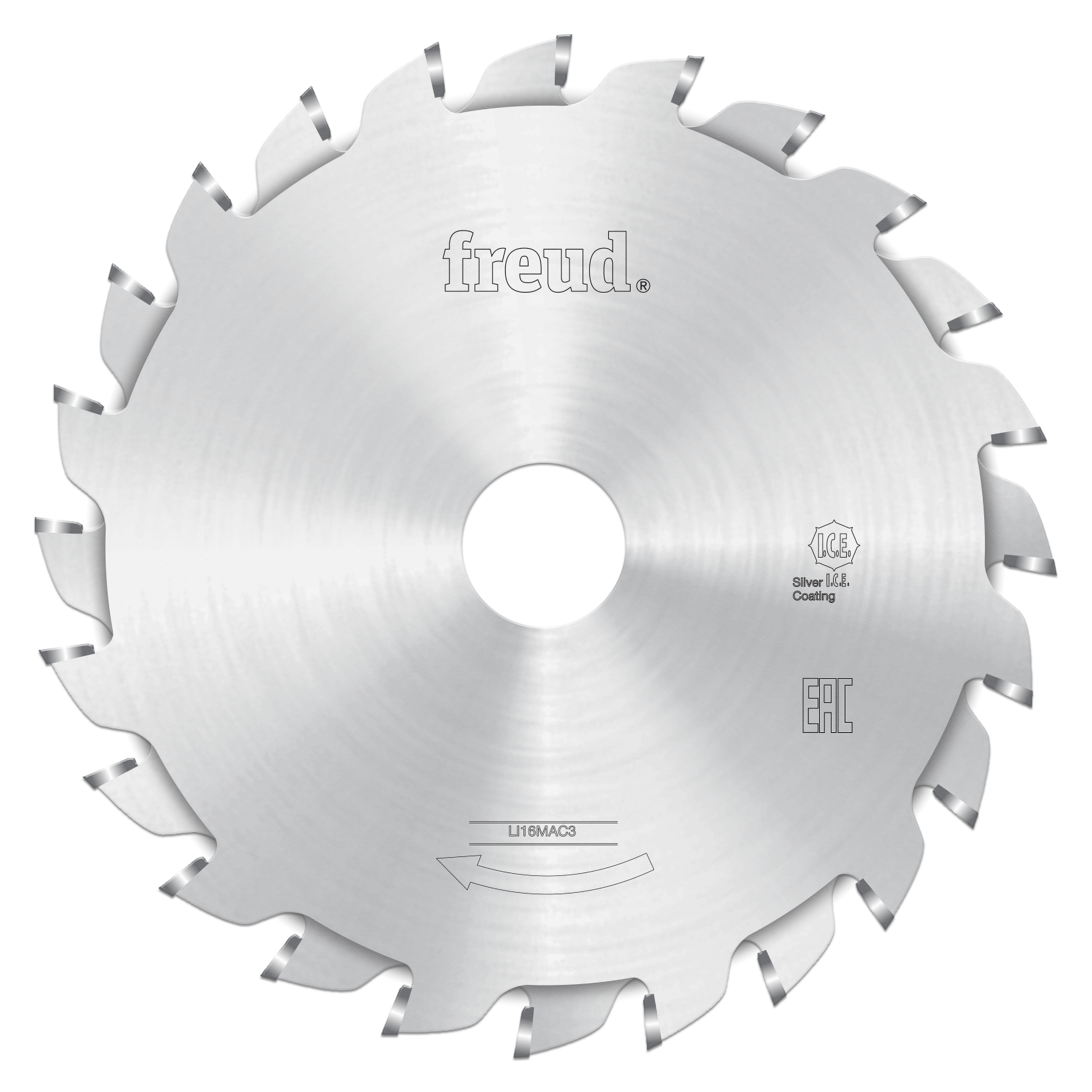 Freud 120mm circular saw blade with split scoring teeth and silver coating for woodworking cuts.