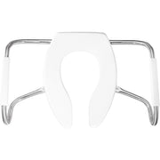 White elongated open front toilet seat with stainless steel safety side arms and white padded grips.