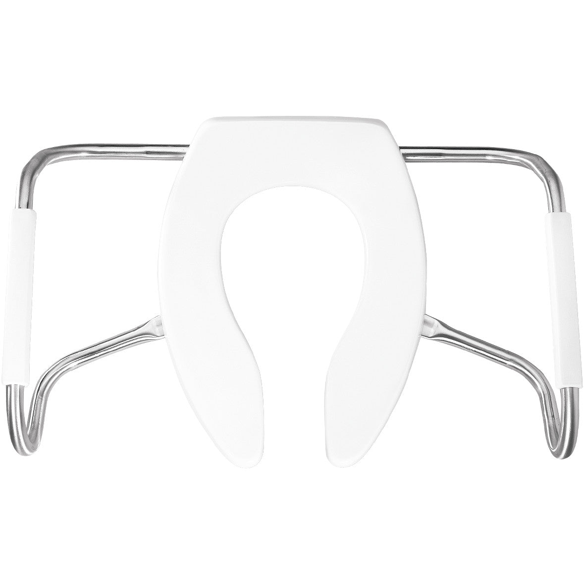 White elongated open front toilet seat with stainless steel safety side arms and white padded grips.