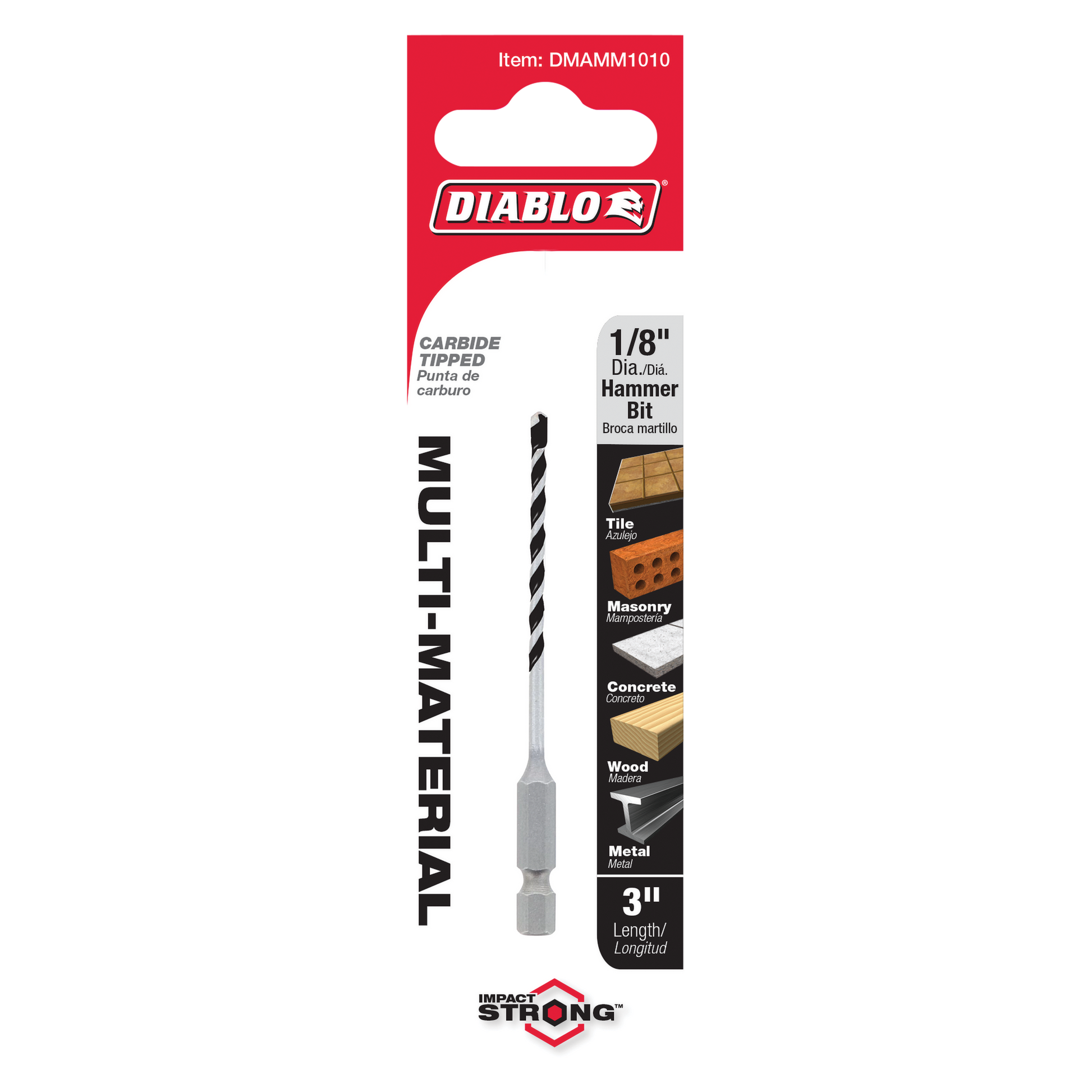 Diablo 1/8 inch carbide-tipped hammer drill bit with gray shaft and hexagonal shank, packaged on red card.