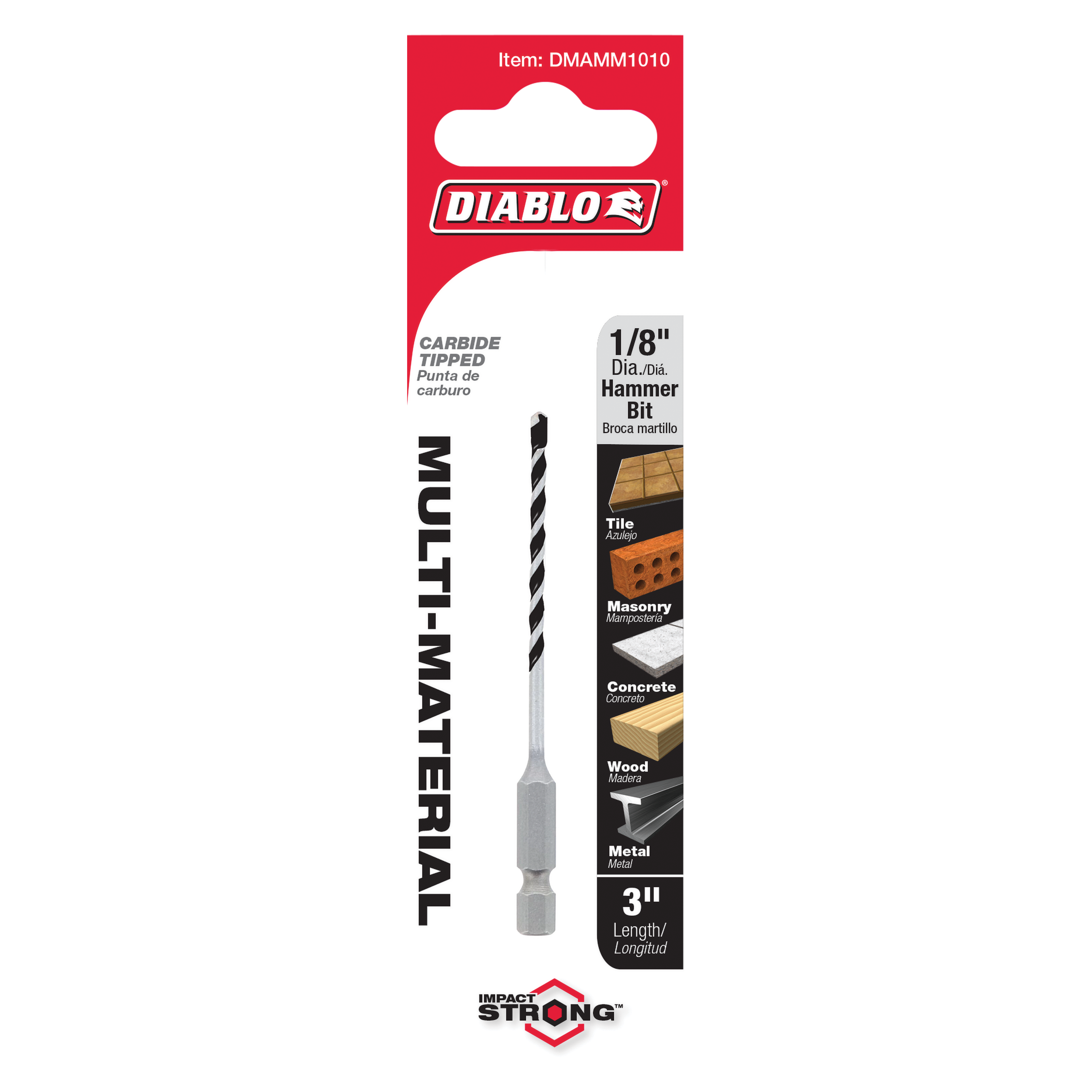 Diablo 1/8 inch carbide-tipped hammer drill bit with gray shaft and hexagonal shank, packaged on red card.