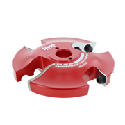 Red and white Freud UC210-IC router bit cutter head with curved cutting edges and adjustment screws.